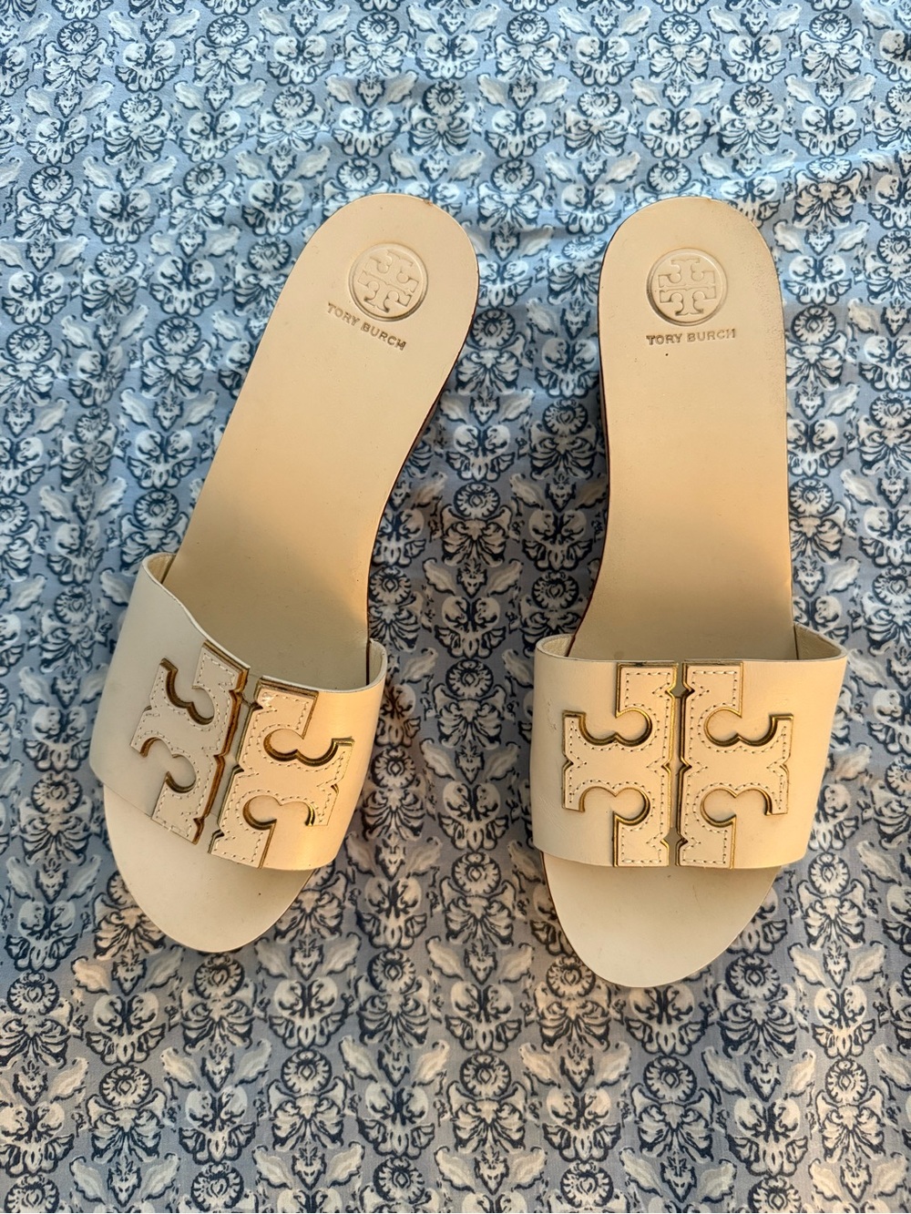 Tory Burch Cream Leather Logo Slide Sandals